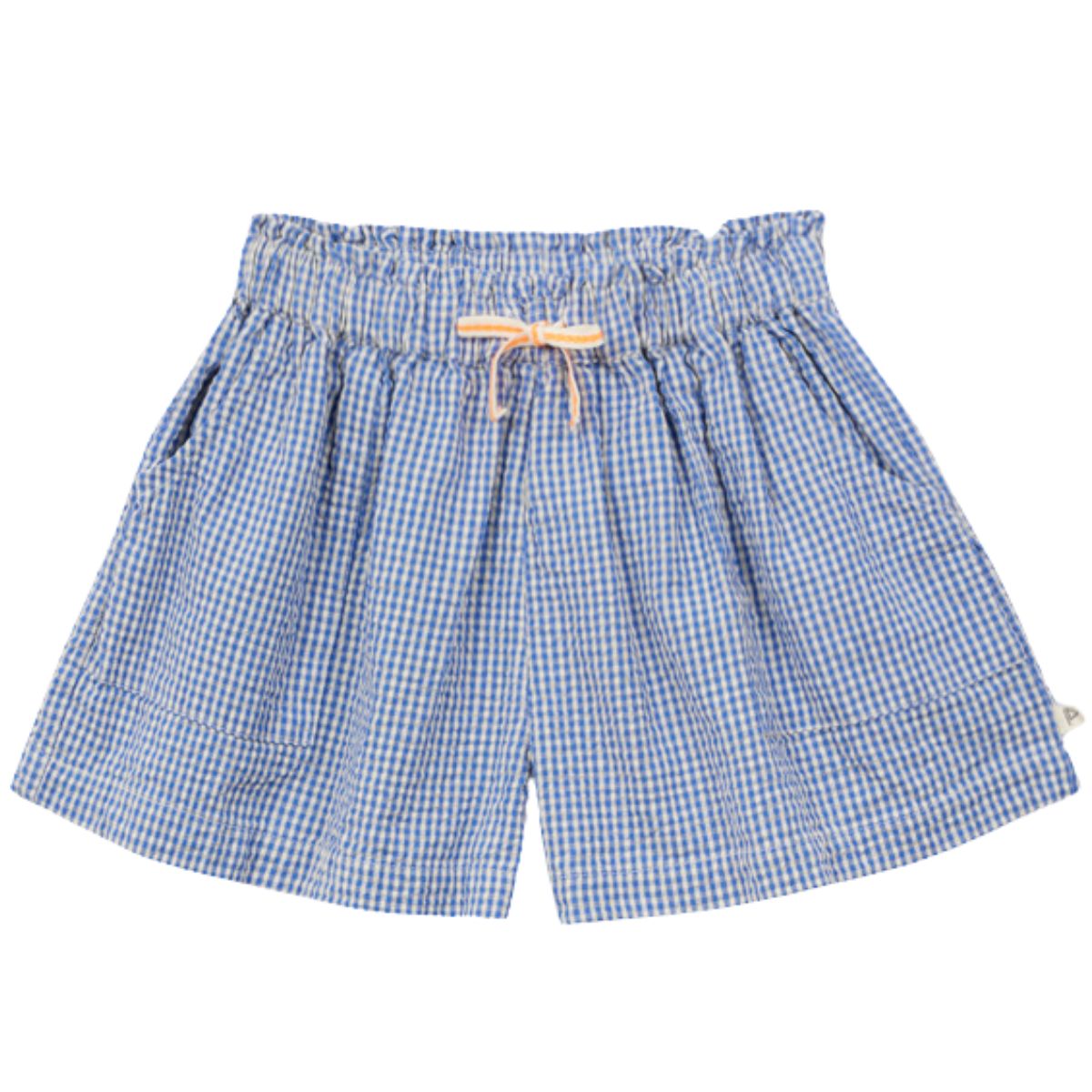 Arsene et Les Pipelettes Vichy Short, blue gingham shorts with elastic waist, drawstring tie and side pockets.