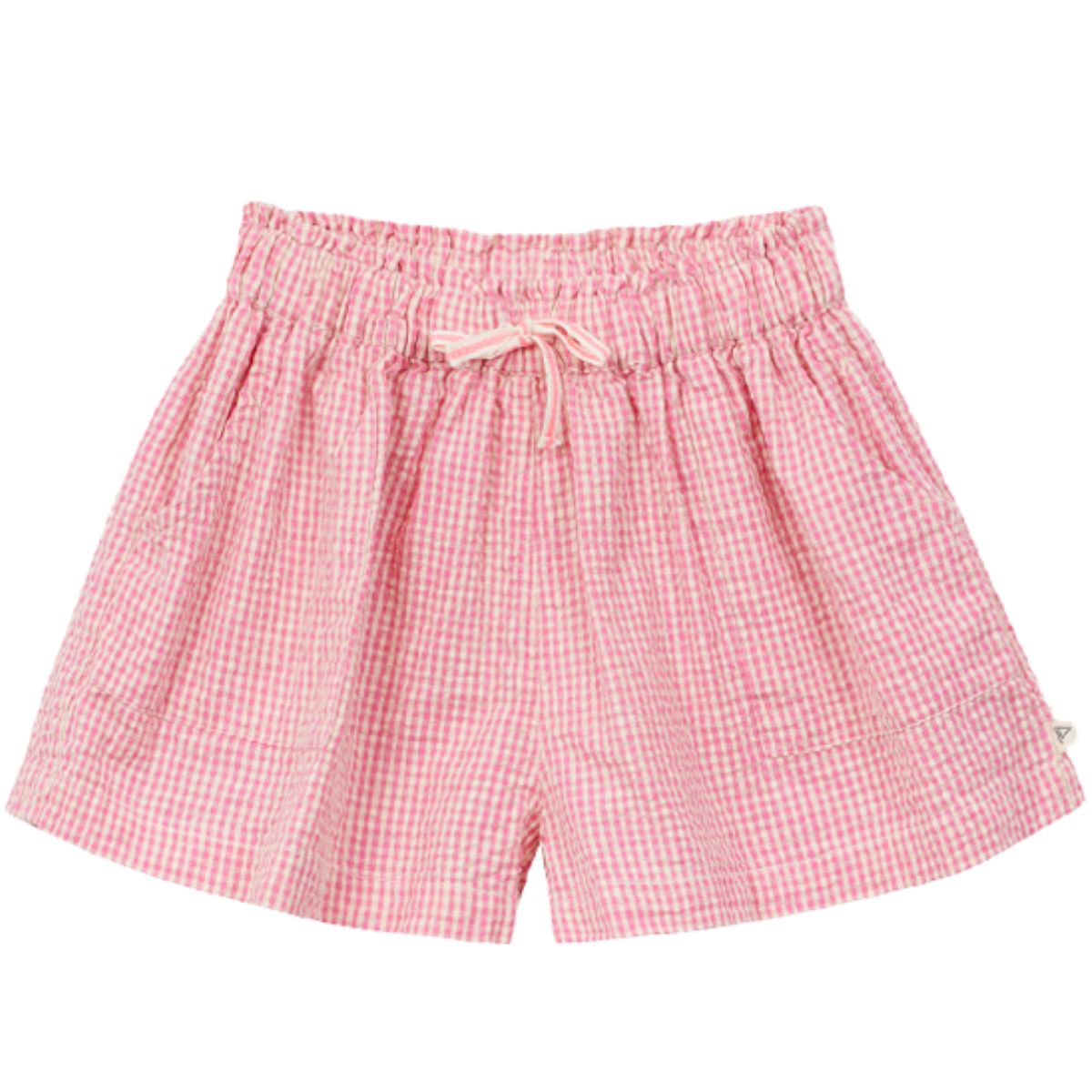 Arsene et Les Pipelettes Vichy Short, pink gingham shorts with elastic waist, drawstring tie and side pockets.