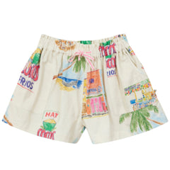 Arsene et Les Pipelettes Cocos Frios Shorts, cream shorts with tropical print, elastic waist and drawstring.