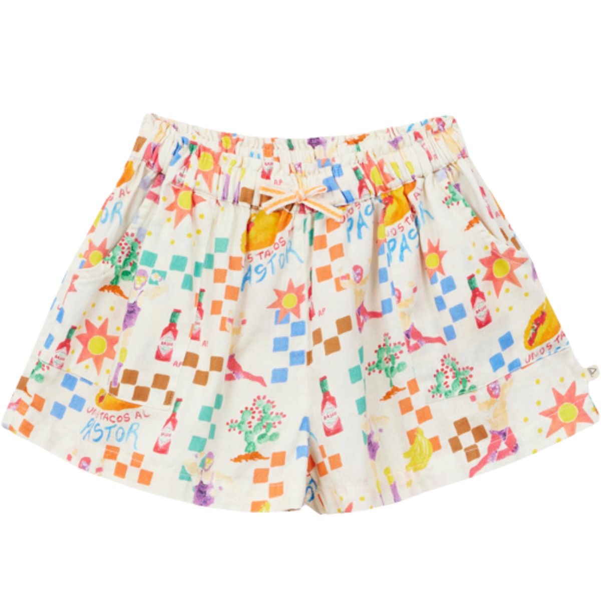 Arsene et Les Pipelettes Lucha Libre shorts with colorful graphic print, elastic waist kids summer shorts.