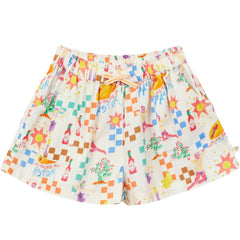 Arsene et Les Pipelettes Lucha Libre shorts with colorful graphic print, elastic waist kids summer shorts.