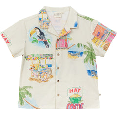 Arsène et Les Pipelettes Magnum Cocos Frios Shirt with colorful tropical prints, short sleeves and button front.