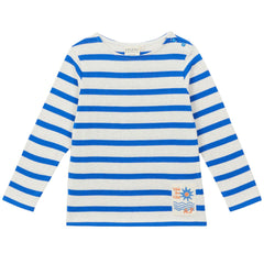Arsène et Les Pipelettes Sailor Shirt with blue stripes, long sleeves and shoulder buttons in ecru.