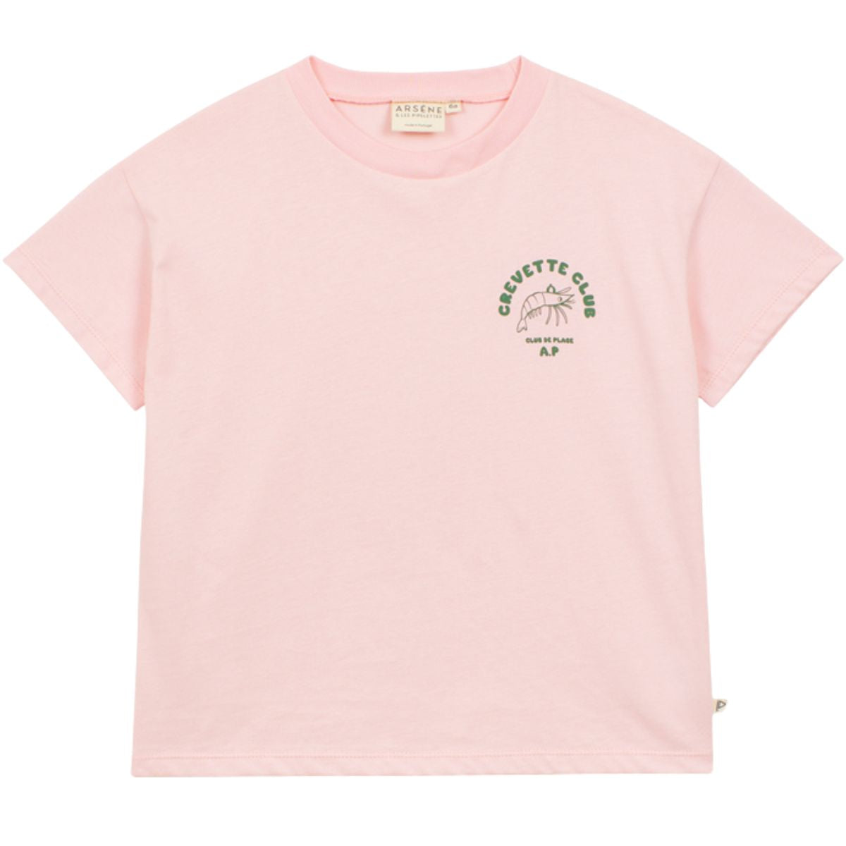 Arsène et Les Pipelettes Beach Club Tee in pink with short sleeves and small “Crevette Club” chest print.