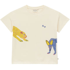 Arsène et Les Pipelettes Graouu Tee with colorful animal prints, short sleeves and round neck in ecru.