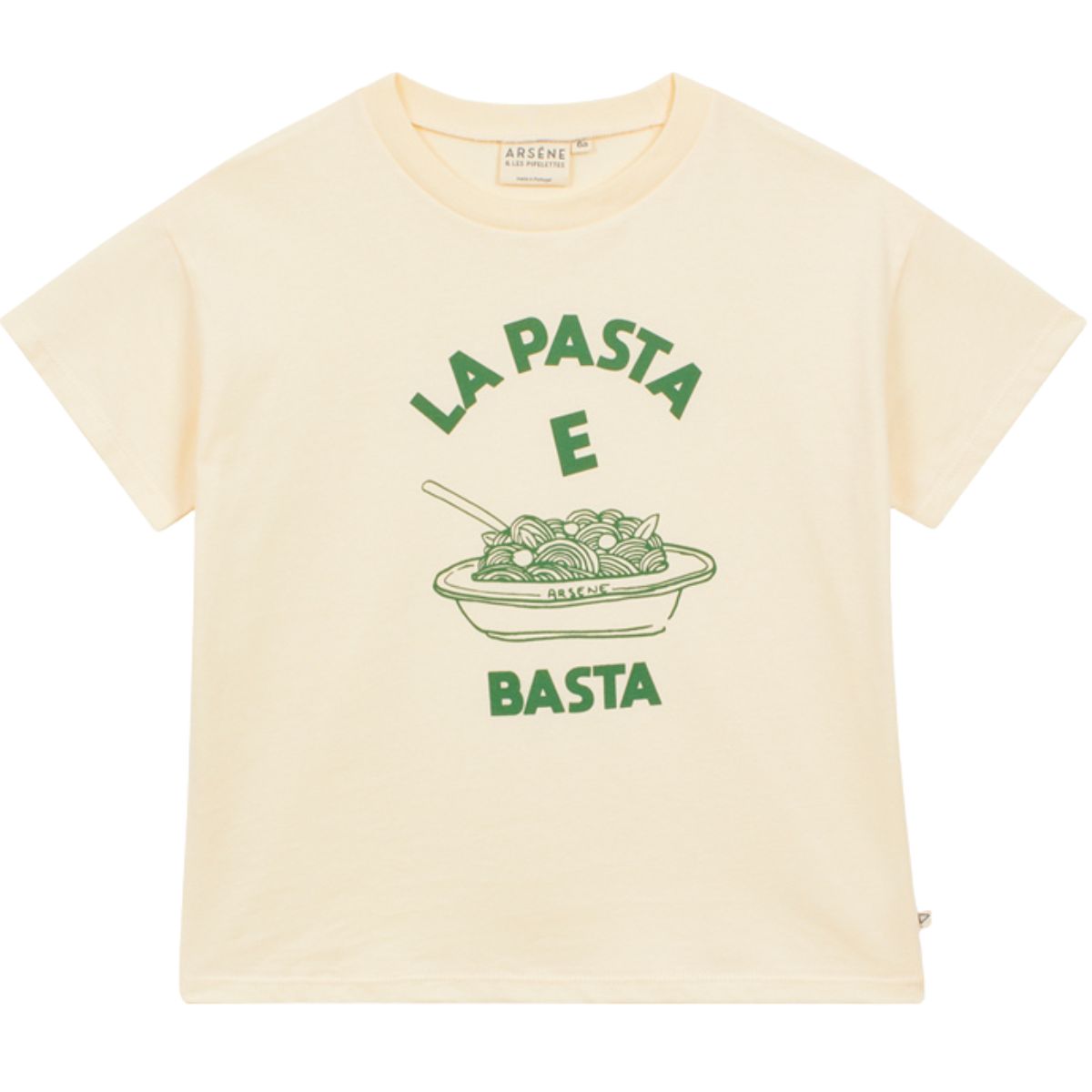 Arsene et Les Pipelettes Pasta E Basta Tee, cream cotton T-shirt with green pasta graphic and “La Pasta E Basta” text.