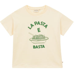 Arsene et Les Pipelettes Pasta E Basta Tee, cream cotton T-shirt with green pasta graphic and “La Pasta E Basta” text.
