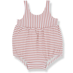 The Elisabetta Swimsuit from 1+ in the Family. A charming striped baby swimsuit with a sleeveless design and gathered waist.