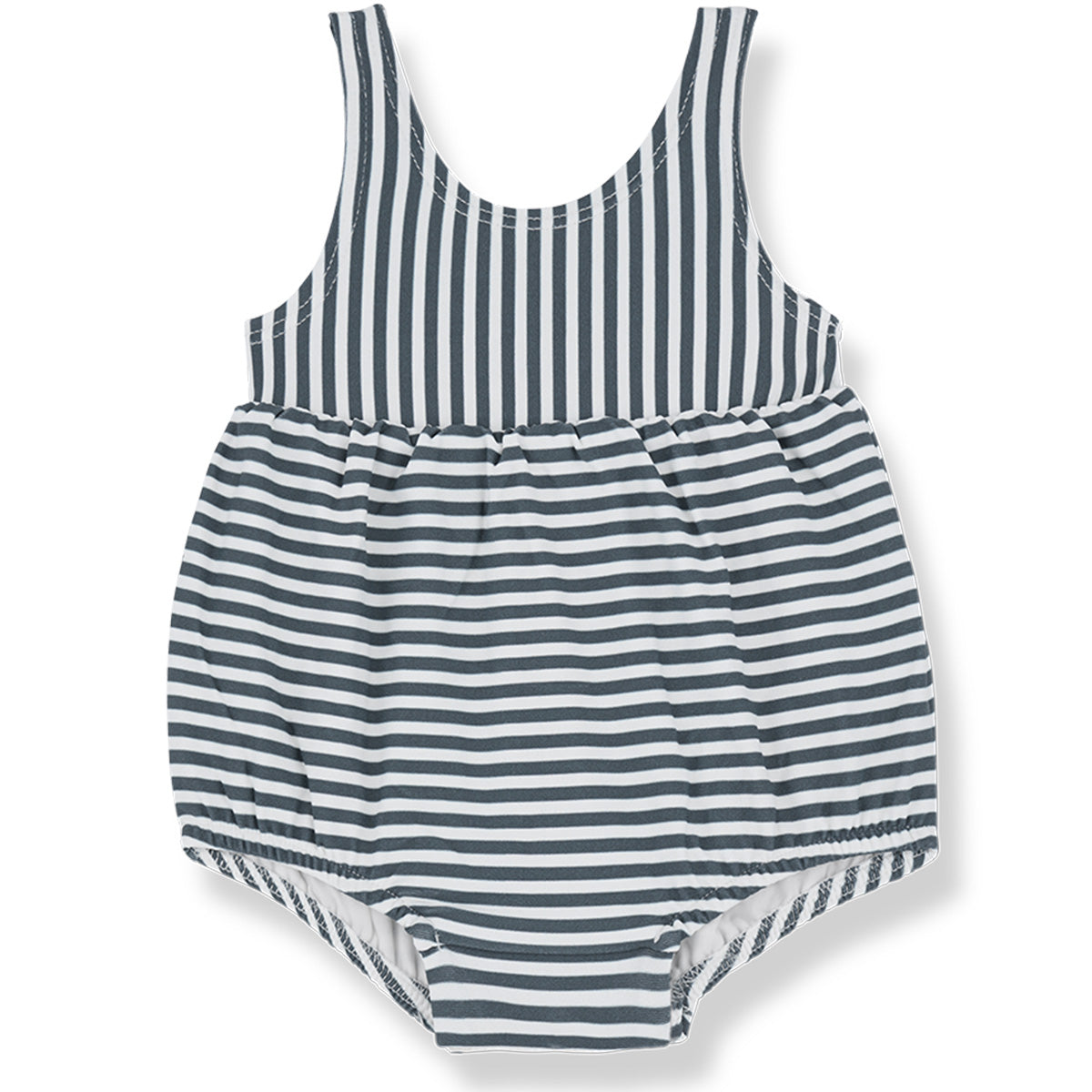 Elisabetta Swimsuit from 1+ in the Family. A charming striped baby swimsuit with a sleeveless design and gathered waist.
