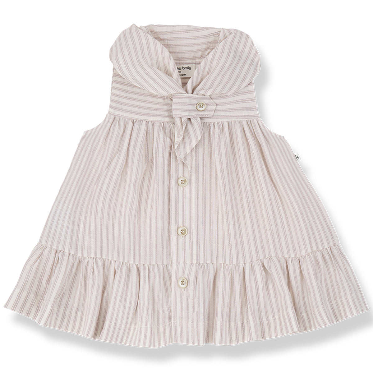 The Empuries Dress from 1+ in the Family with rose stripes, sailor-style collar, front buttons, and a gathered skirt.