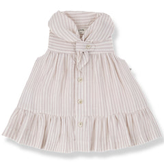 The Empuries Dress from 1+ in the Family with rose stripes, sailor-style collar, front buttons, and a gathered skirt.