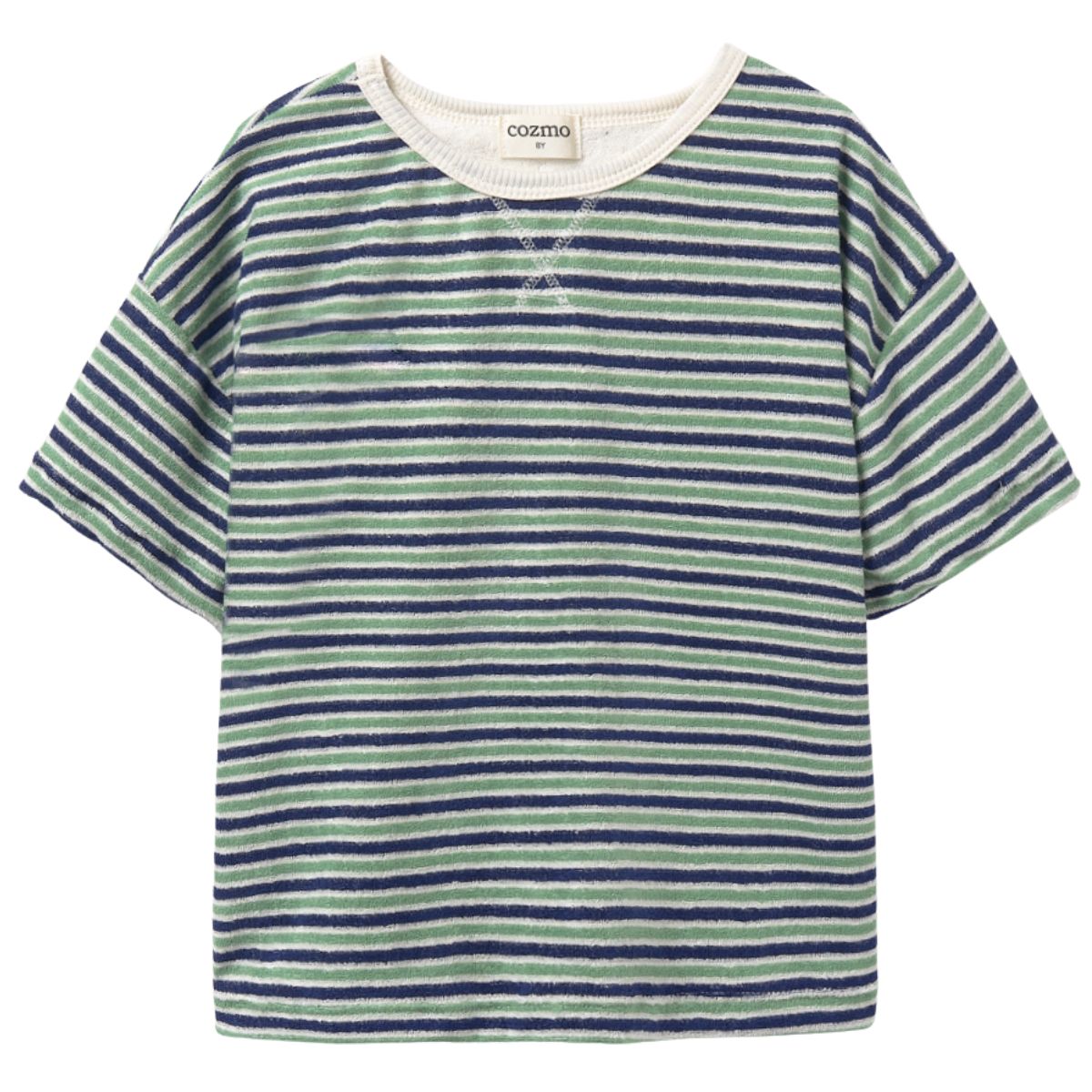 The Enea Tee by Cozmo, green and navy striped terry T-shirt with short sleeves and crew neck