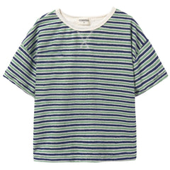 The Enea Tee by Cozmo, green and navy striped terry T-shirt with short sleeves and crew neck