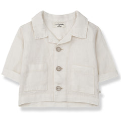 Eneko Jacket by 1+ in the Family. A stylish short-sleeved baby shirt features a classic collar, wooden button closures down the front.