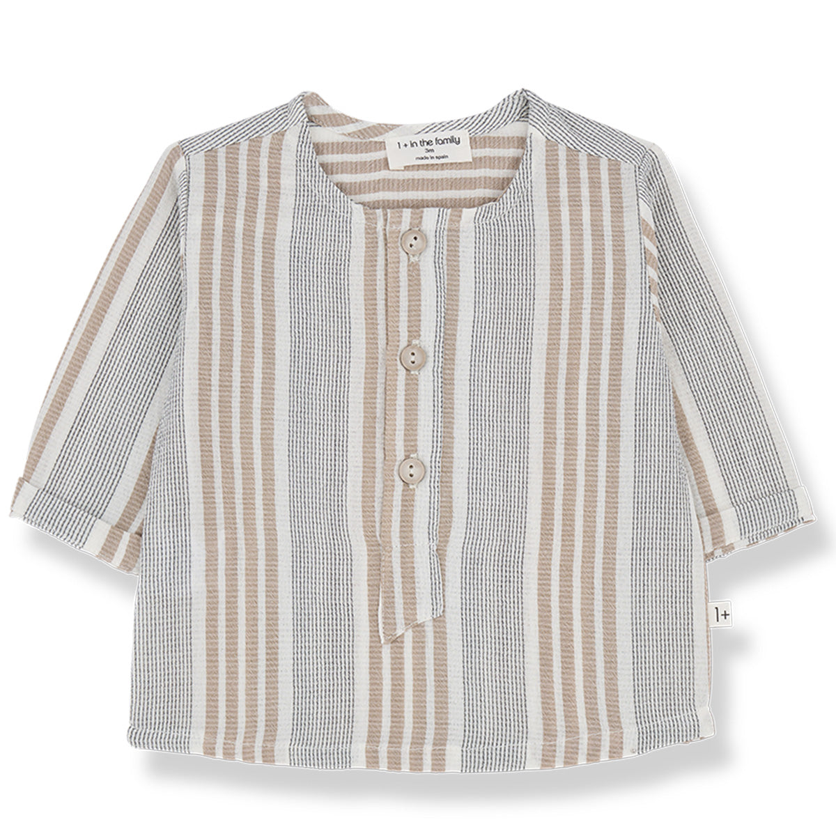 The Enric Shirt from 1+ in the Family. A stylish baby shirt with earthy-toned stripes, a three-button front.