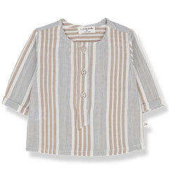 The Enric Shirt from 1+ in the Family. A stylish baby shirt with earthy-toned stripes, a three-button front.