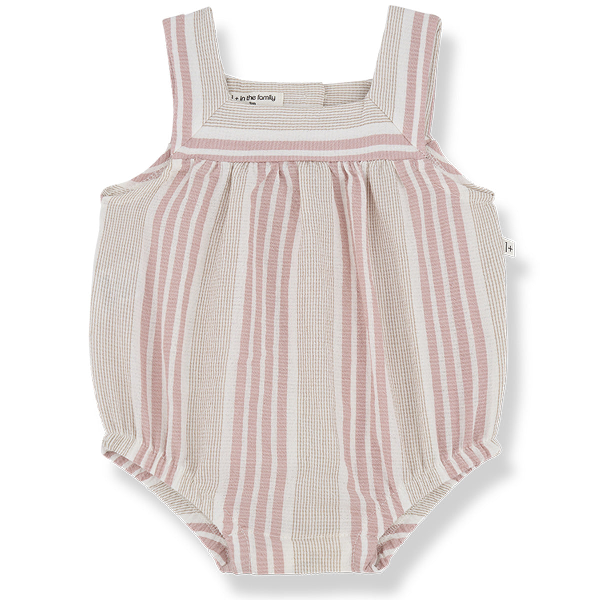 The Eren Romper from 1+ in the Family. A charming striped baby romper with wide straps, a square neckline.