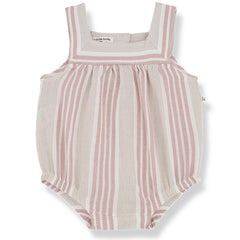 The Eren Romper from 1+ in the Family. A charming striped baby romper with wide straps, a square neckline.