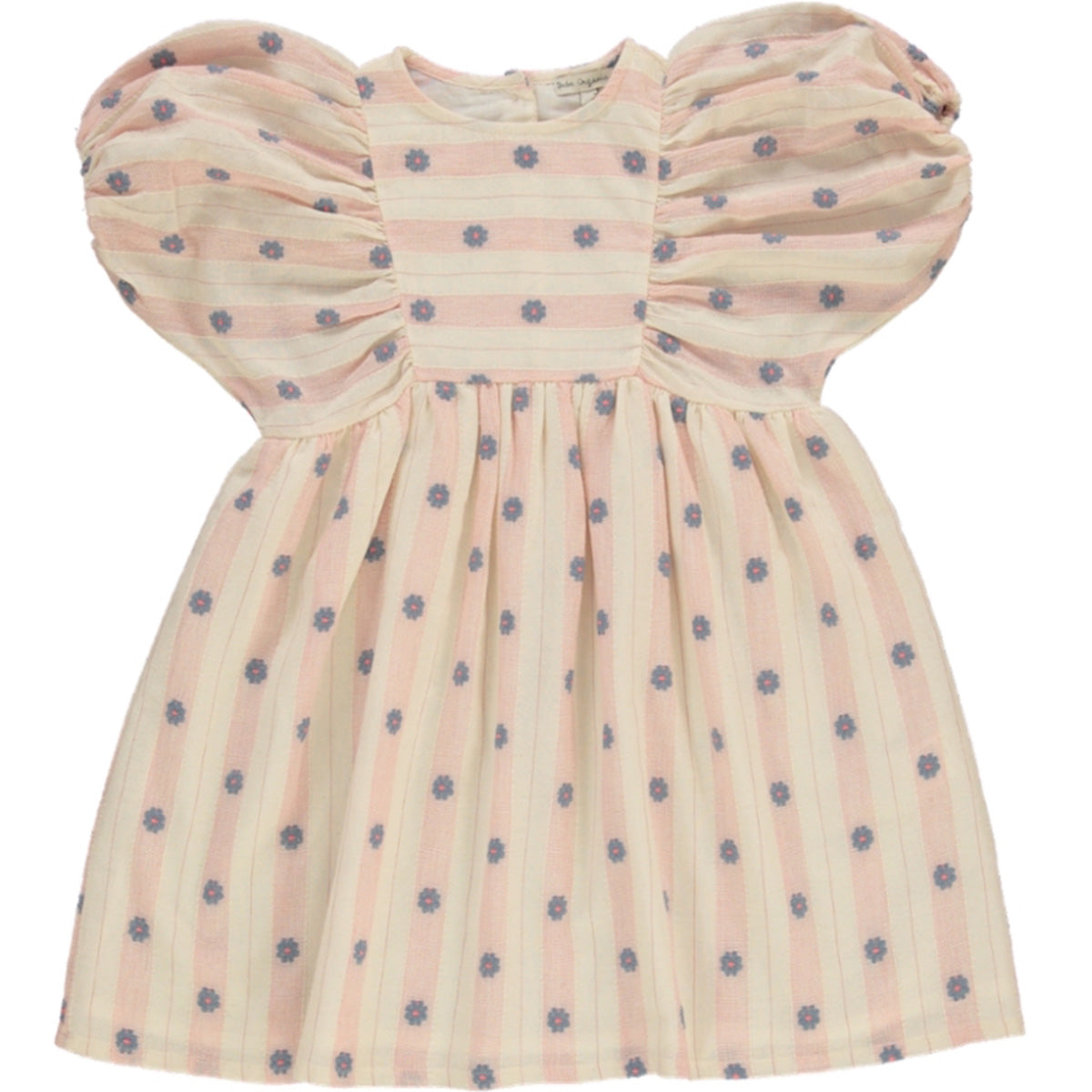 The Elwen Dress by Bebe Organic, soft pink striped kids dress with floral print, dramatic puff sleeves, and gathered skirt.