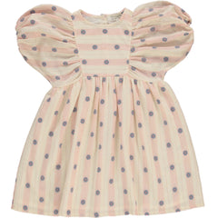 The Elwen Dress by Bebe Organic, soft pink striped kids dress with floral print, dramatic puff sleeves, and gathered skirt.
