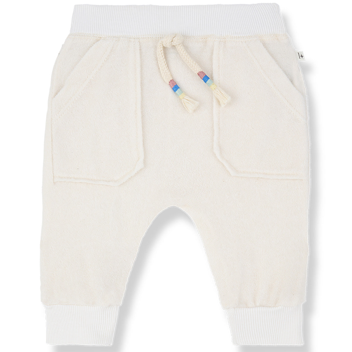 The Farrutx Pants from 1+ in the Family in soft terry fabric with an elastic waist, drawstring, and front patch pockets.