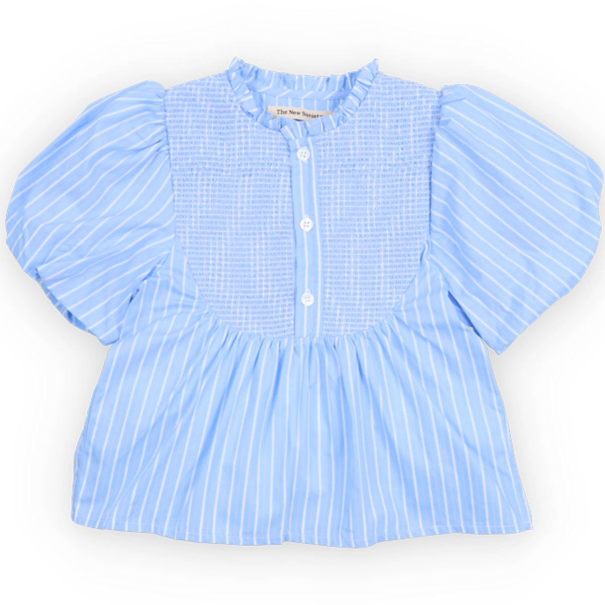 Ficus Blouse from The New Society in light blue striped cotton with smocked bodice, ruffled collar and puff sleeves