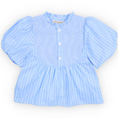 Ficus Blouse from The New Society in light blue striped cotton with smocked bodice, ruffled collar and puff sleeves