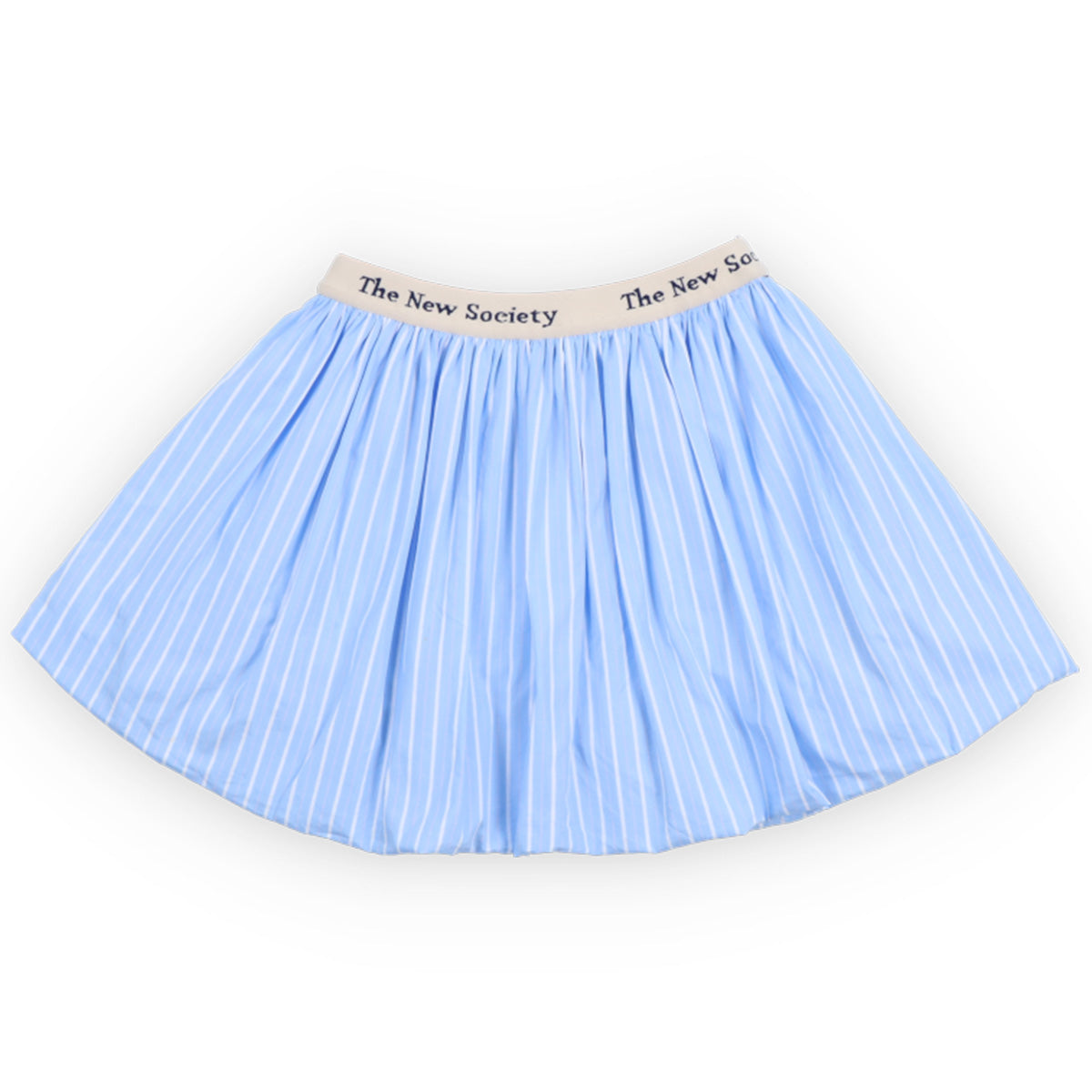 Ficus Skirt from The New Society in light blue with white stripes, elastic logo waistband and flared shape