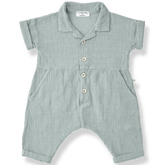 The Fonteta Overall from 1+ in the Family in iceberg blue with collar, front buttons, rolled sleeves, and side pockets.