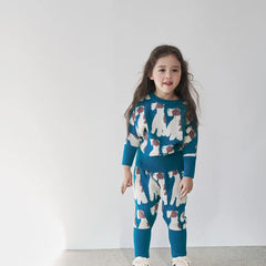 Momohanipopo Fox Terrior Knit Pants in teal with cream and brown fox terrier patterns and ribbed cuffs.