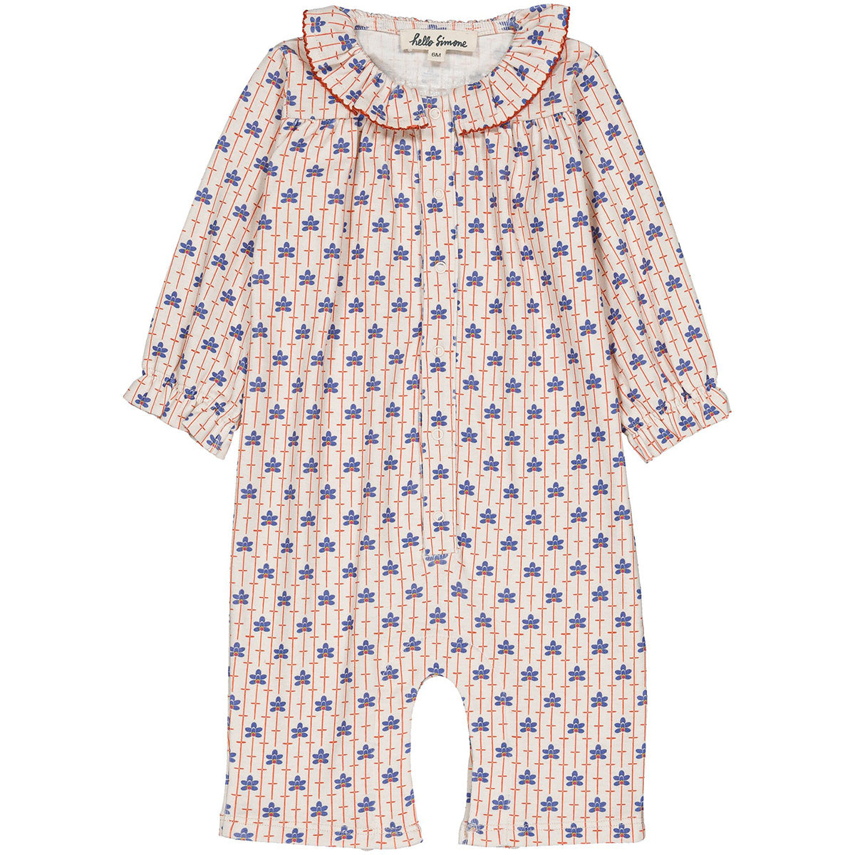 Filou Baby Overall by Hello Simone with ruffled collar, crochet trim and all-over print.