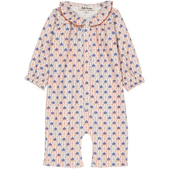 Filou Baby Overall by Hello Simone with ruffled collar, crochet trim and all-over print.