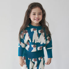Momohanipopo Fox Terrior Knit Top, kids' sweater with an all-over fox terrier print, long sleeves and ribbed trims.