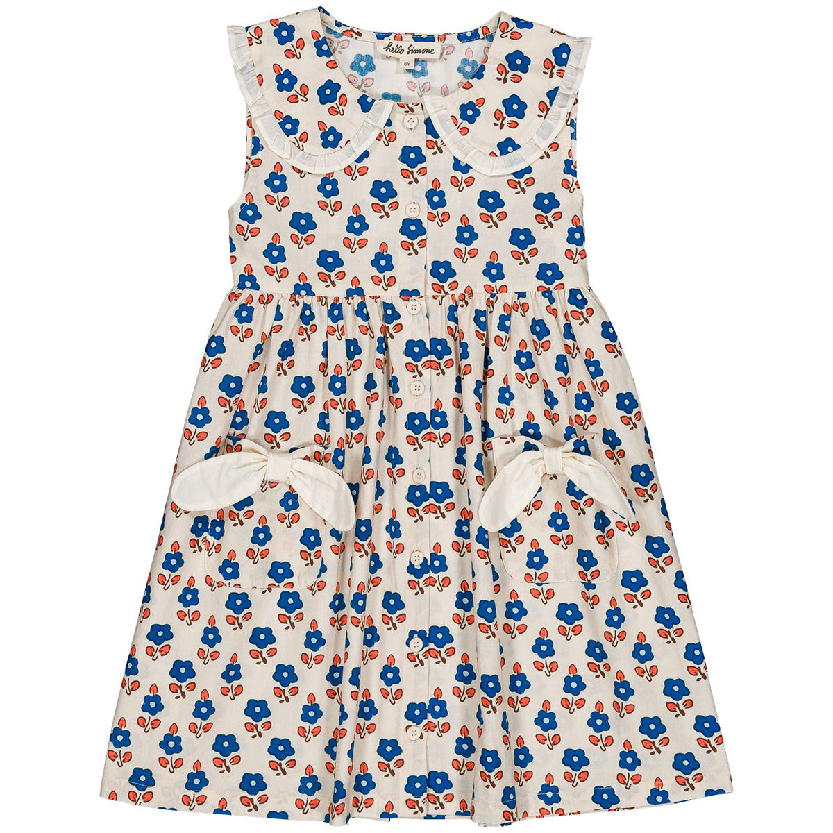 Hello Simone Francoise Dress cream with blue floral print Peter Pan collar sleeveless kids dress with bow pockets.