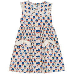 Hello Simone Francoise Dress cream with blue floral print Peter Pan collar sleeveless kids dress with bow pockets.