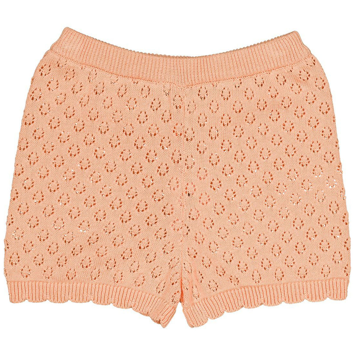 Hello Simone Franny Short peach knit pointelle shorts with elastic waist and scalloped hem kids summer shorts.