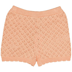 Hello Simone Franny Short peach knit pointelle shorts with elastic waist and scalloped hem kids summer shorts.