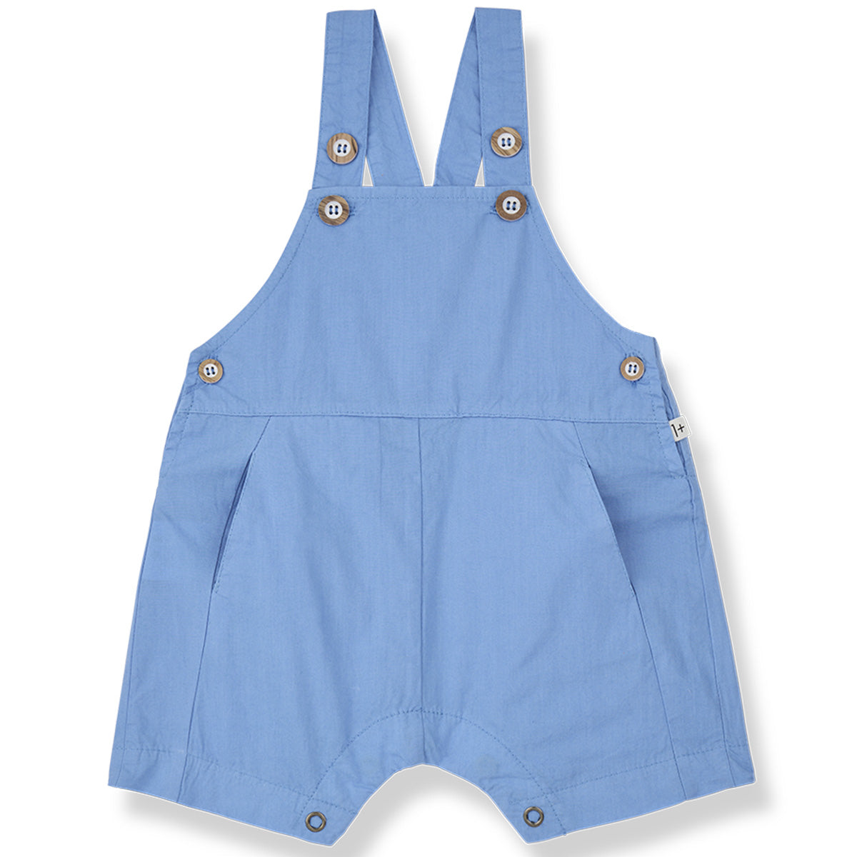 The Galfi Short Dungaree from 1+ in the Family in ultramarine with button straps, side buttons, and snap closures.