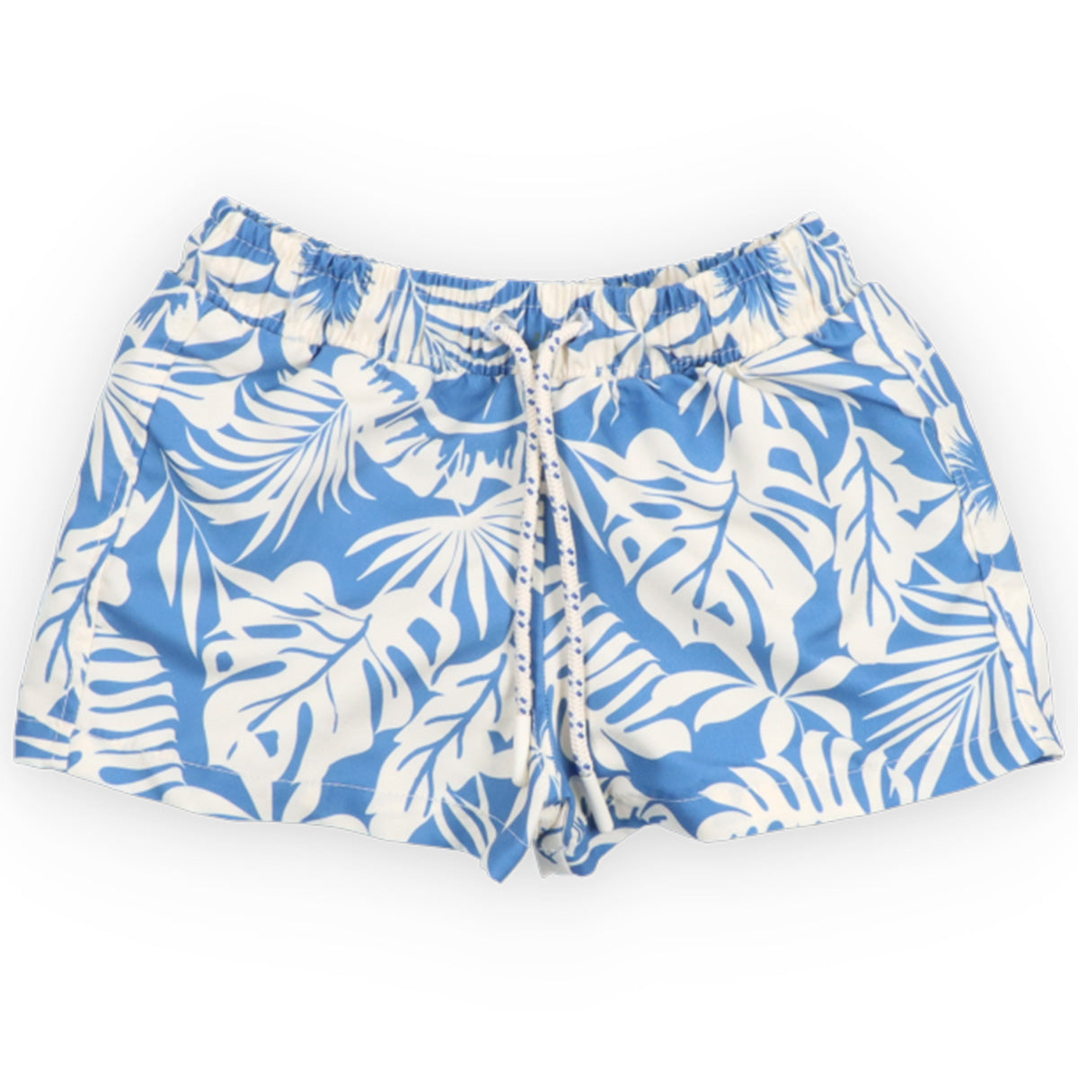 Garden Swim Shorts from The New Society with blue and white tropical leaf print, elastic waistband and drawstring