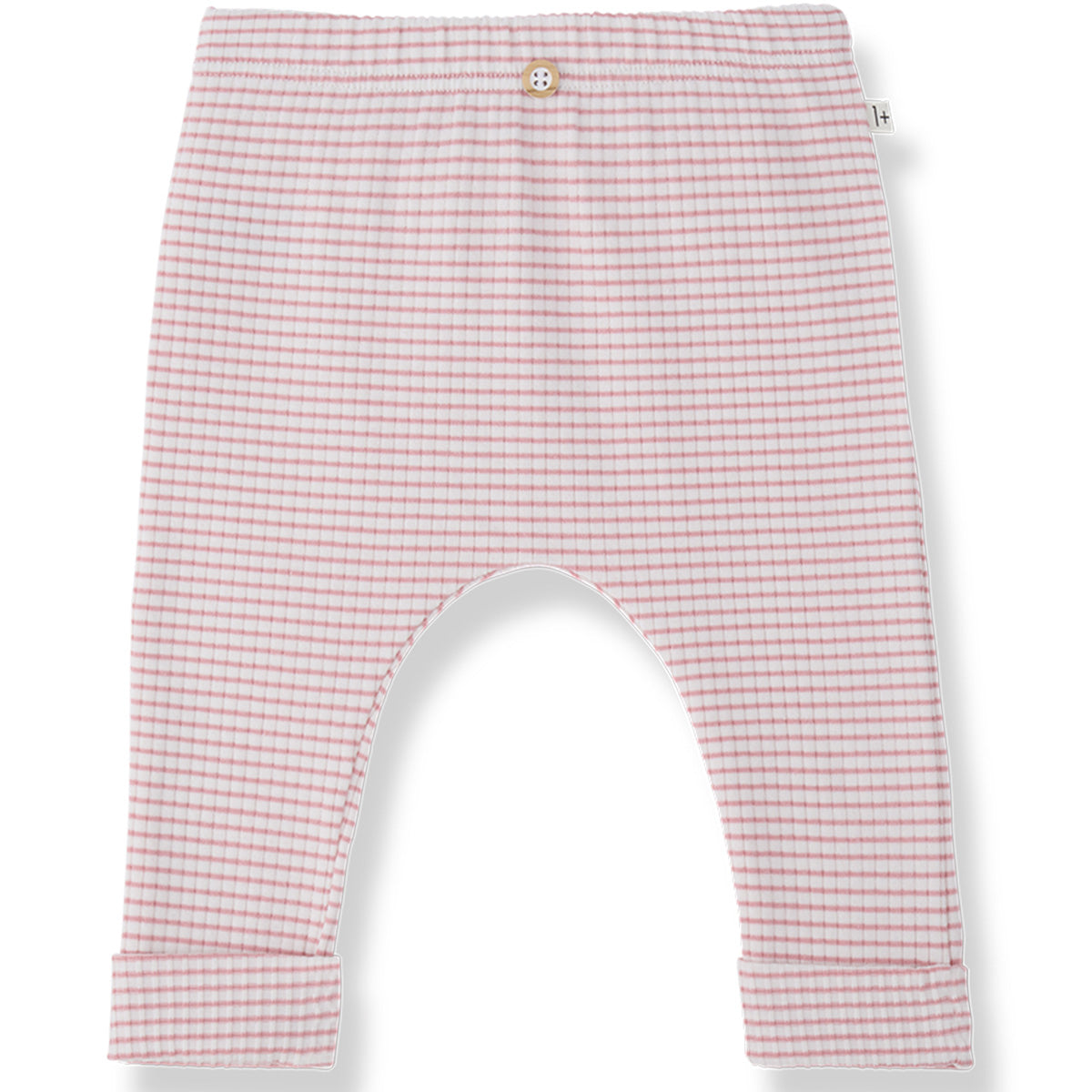 The Gava Leggings from 1+ in the Family with strawberry stripes, elastic waistband, and cuffed hems.