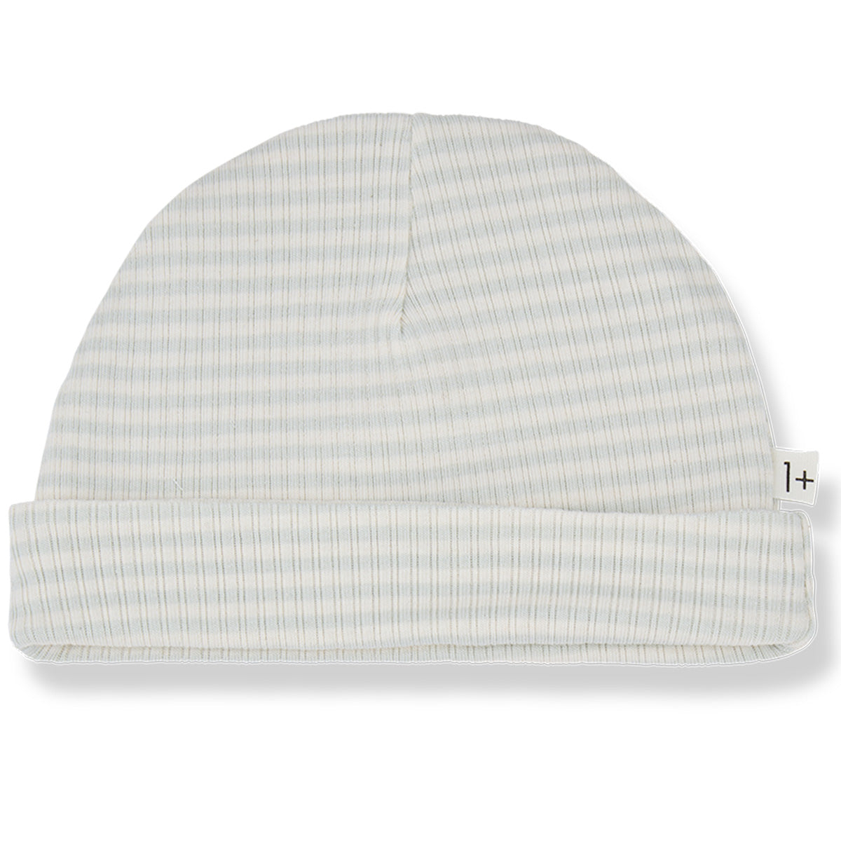 The Gio Beanie from 1+ in the Family. The hat has a striped all-over print. Ribbed design. Folded hem.