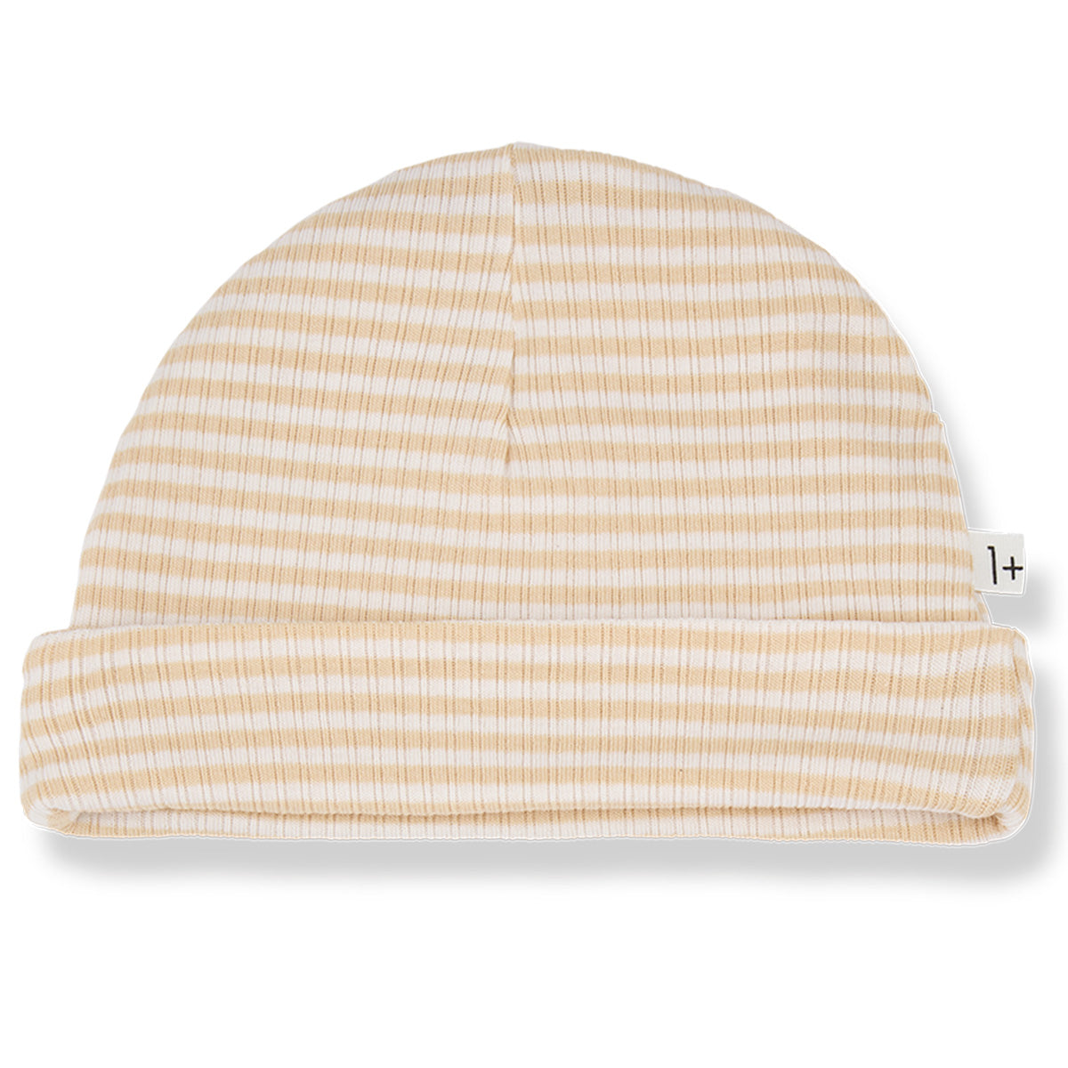 The Gio Beanie from 1+ in the Family. The hat has a striped all-over print. Ribbed design. Folded hem.