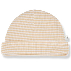 The Gio Beanie from 1+ in the Family. The hat has a striped all-over print. Ribbed design. Folded hem.