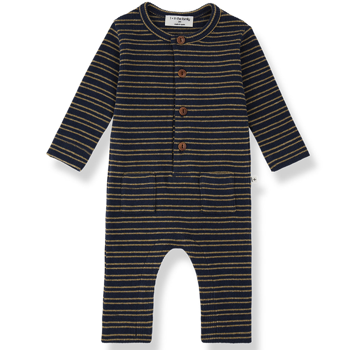 1+ in the Family The Goose Jumpsuit in navy and tan striped knit with front pockets