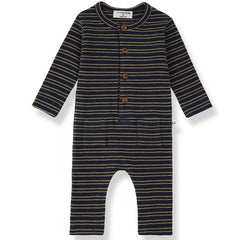 1+ in the Family The Goose Jumpsuit in navy and tan striped knit with front pockets