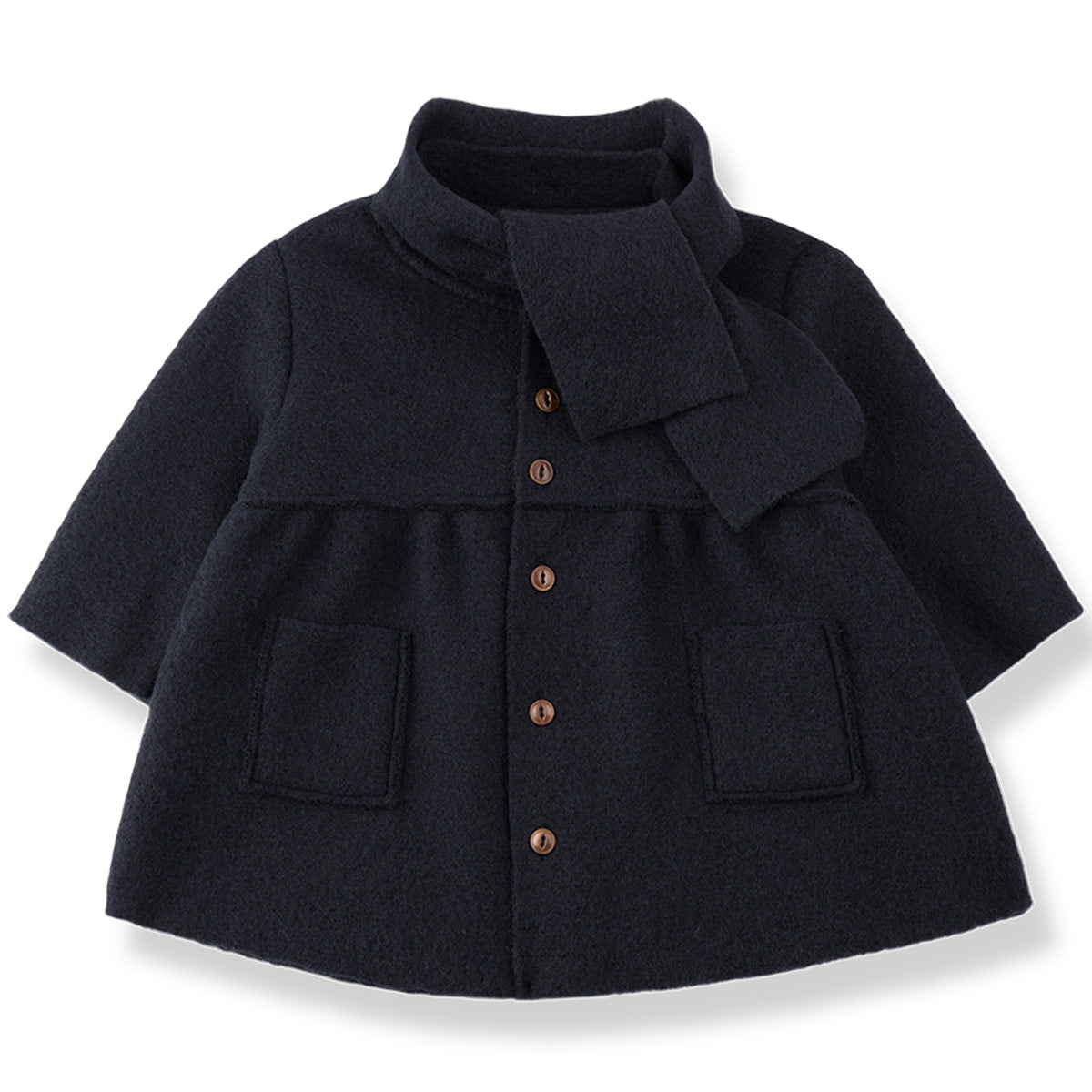 1+ in the Family The Gorizia Coat in navy with removable scarf and brown buttons