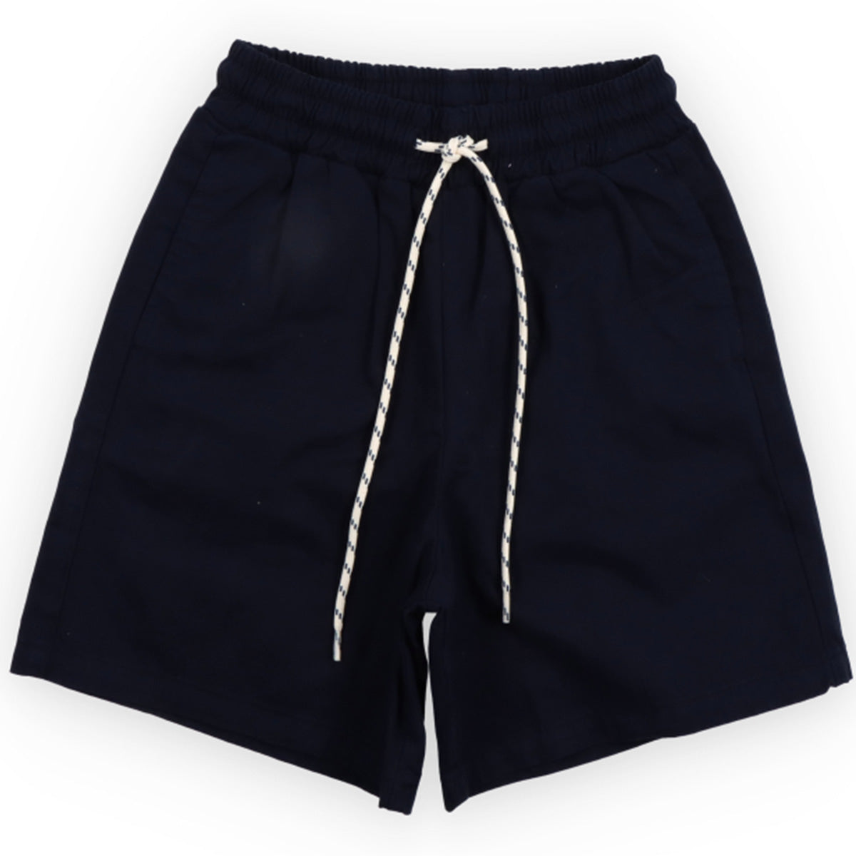 Gorse Bermuda shorts from The New Society in midnight blue with elastic waistband and contrast drawstring, front view