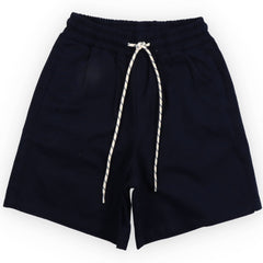 Gorse Bermuda shorts from The New Society in midnight blue with elastic waistband and contrast drawstring, front view