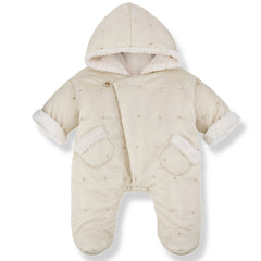 Grenoble Padded Suit by 1+ in the Family cream baby snowsuit with hood, fleece lining and quilted star pattern