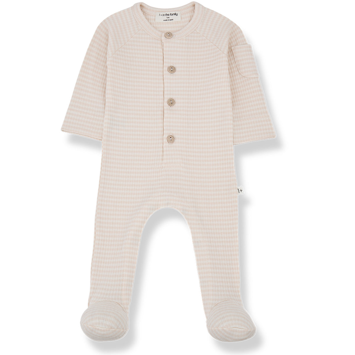 The Guim Jumpsuit from 1+ in the Family. A cozy, long-sleeved footed romper with a gingham pattern. Features a button-up front.